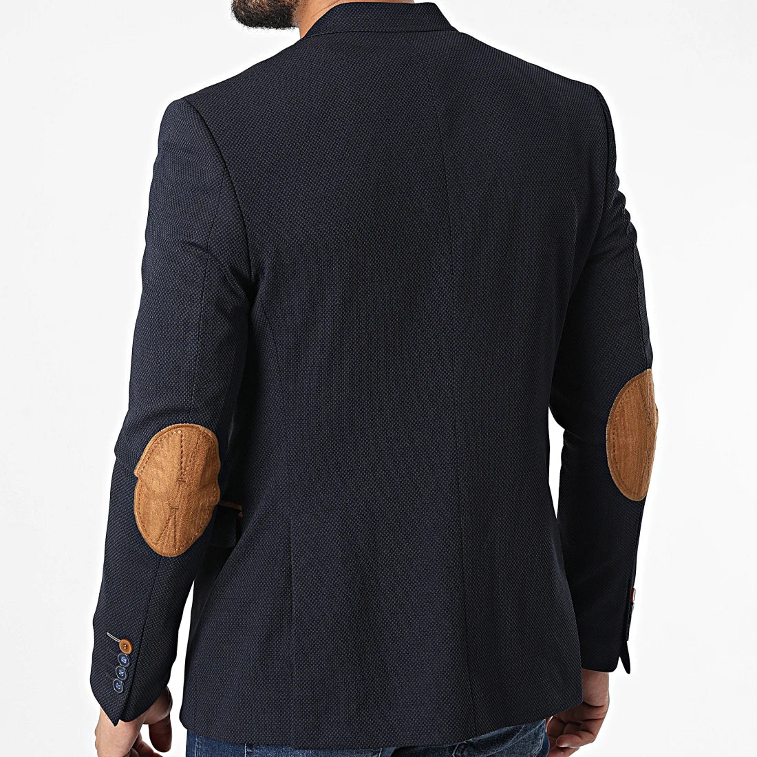 Blazer Homme Bleu Marine avec Coudières Camel – Coupe Ajustée