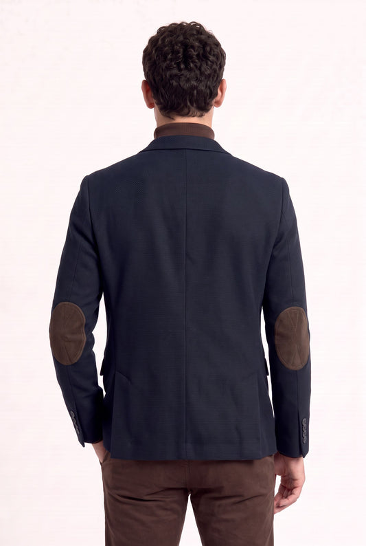 Dos du blazer homme bleu marine avec coudières chocolat