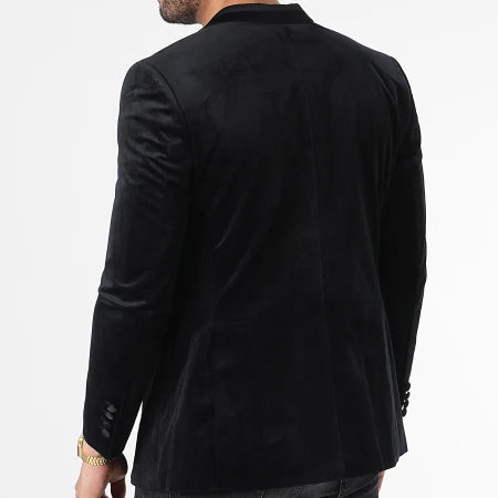 Blazer en Velours Noir avec Revers Satinés