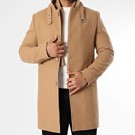 Men's camel mid-length coat with detachable stand-up collar
