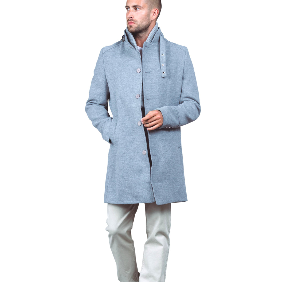 Manteau homme gris mi-long col montant amovible
