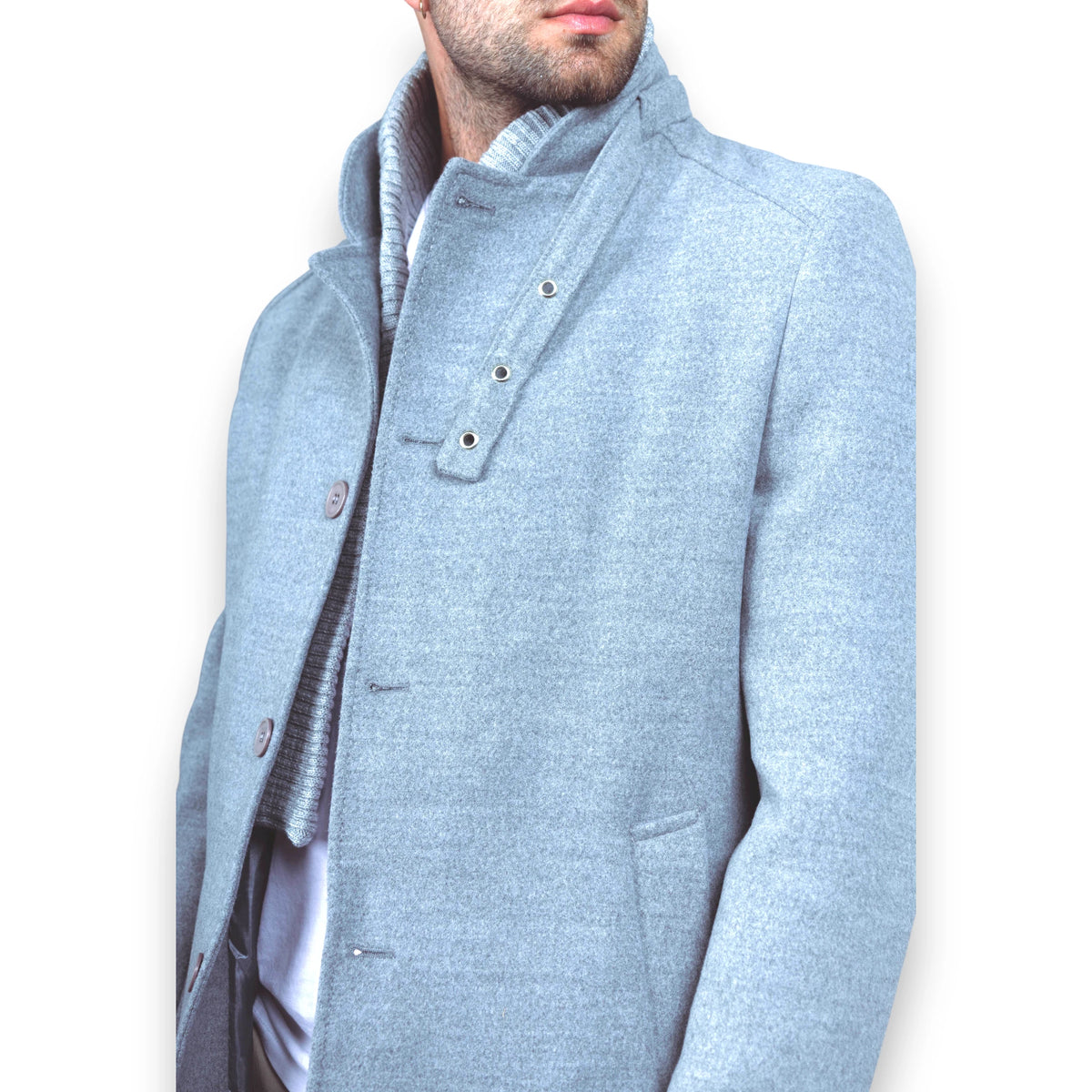 Manteau homme gris mi-long col montant amovible