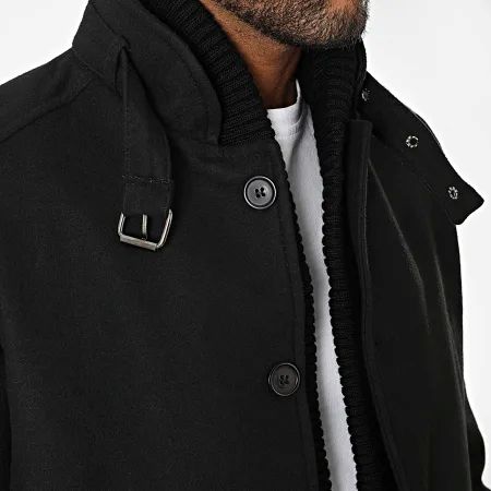 Men's black mid-length coat with detachable stand-up collar