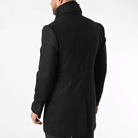 Men's black mid-length coat with detachable stand-up collar