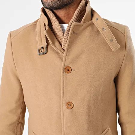 Men's camel mid-length coat with detachable stand-up collar