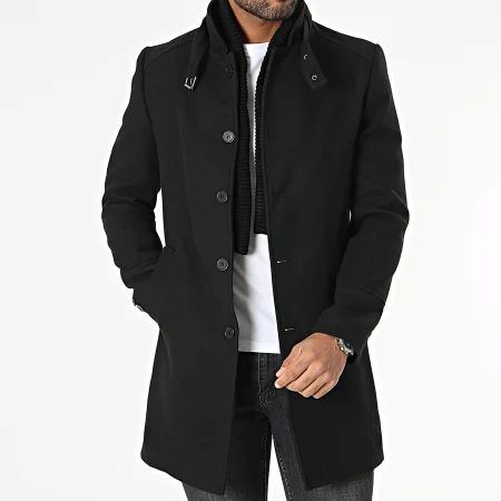 Men's black mid-length coat with detachable stand-up collar