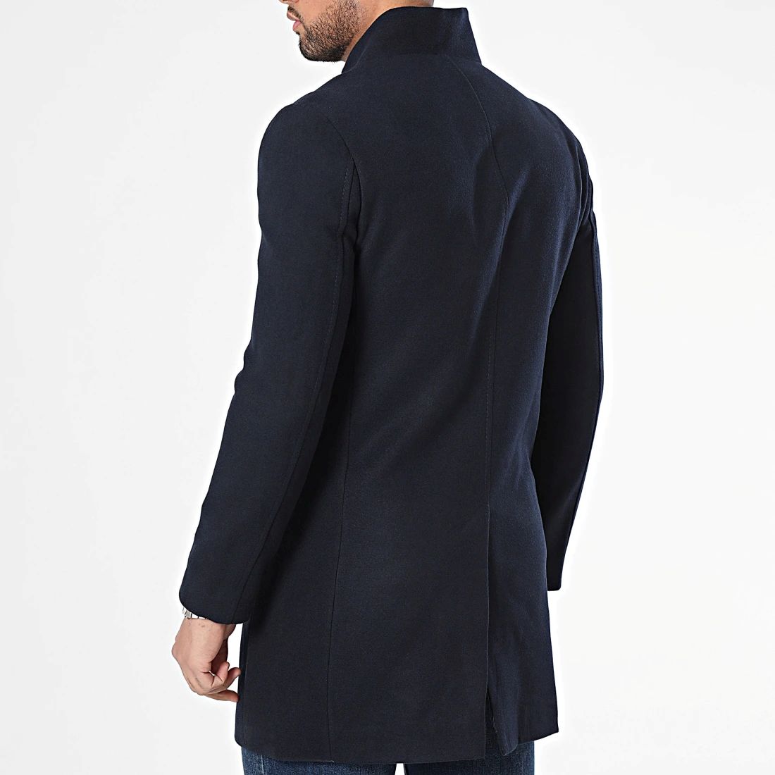 Men's navy blue mid-length coat with detachable stand-up collar