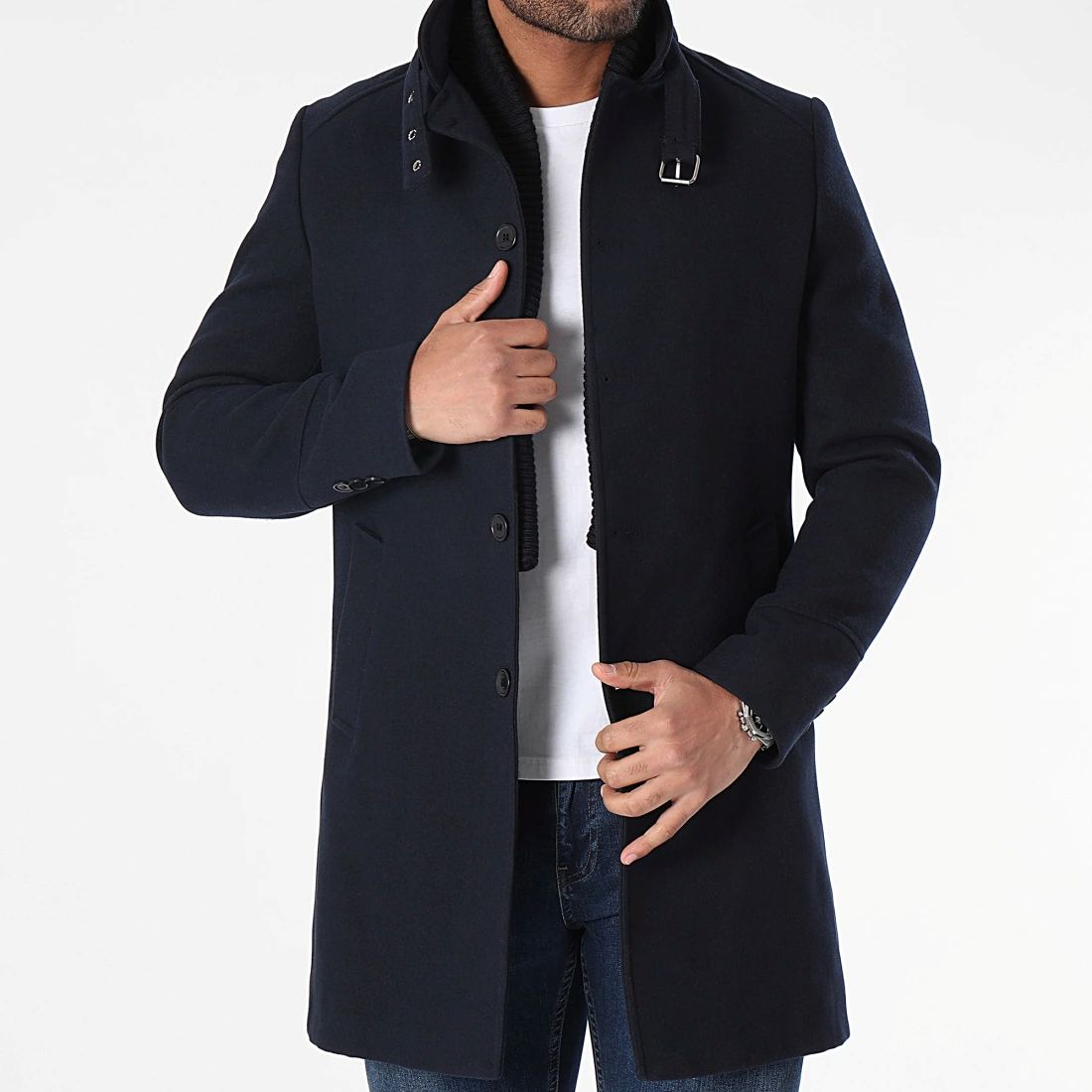 Men's navy blue mid-length coat with detachable stand-up collar