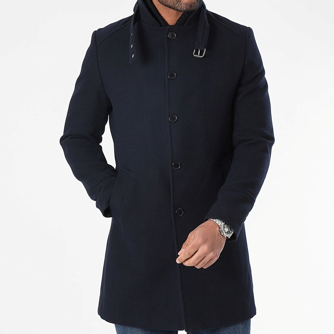 Men's navy blue mid-length coat with detachable stand-up collar
