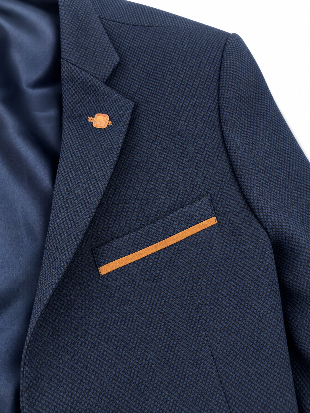 Men's navy blazer with camel elbow patches – Slim fit
