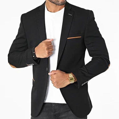 Détail coudière camel blazer homme noir slim fit Mackten