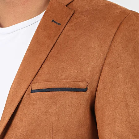 Blazer homme en Suédine Camel avec coudière Marine