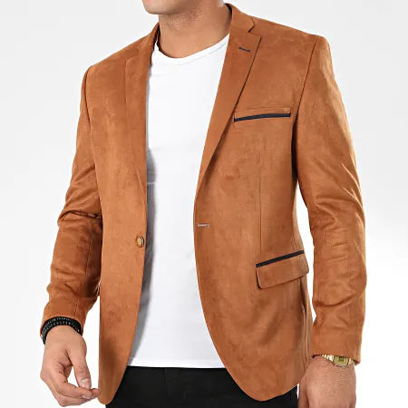Blazer homme en Suédine Camel avec coudière Marine