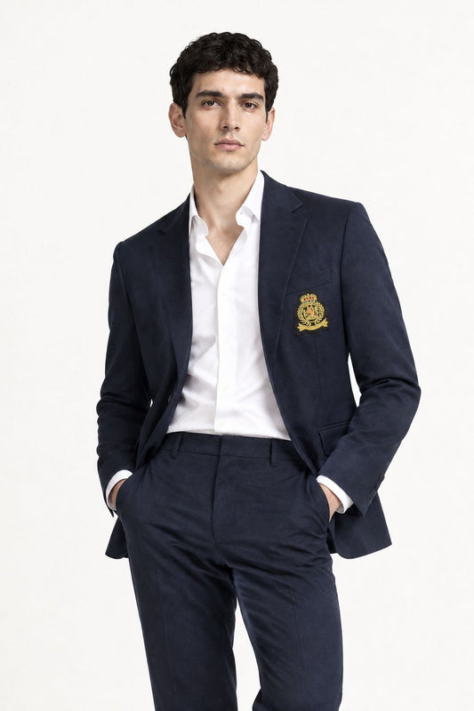 Blazer homme marine à écusson porté ouvert sur une chemise blanche, mains dans les poches
