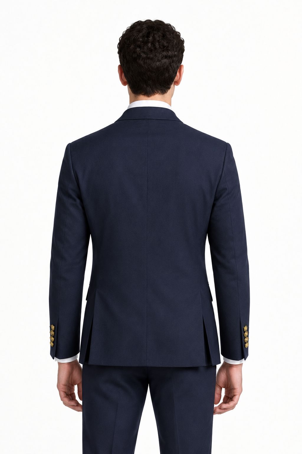 Dos du blazer homme bleu marine à double fente et boutons dorés aux manches