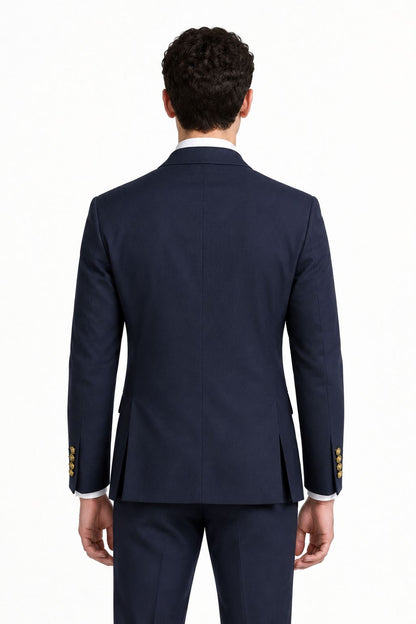 Dos du blazer homme bleu marine à double fente et boutons dorés aux manches