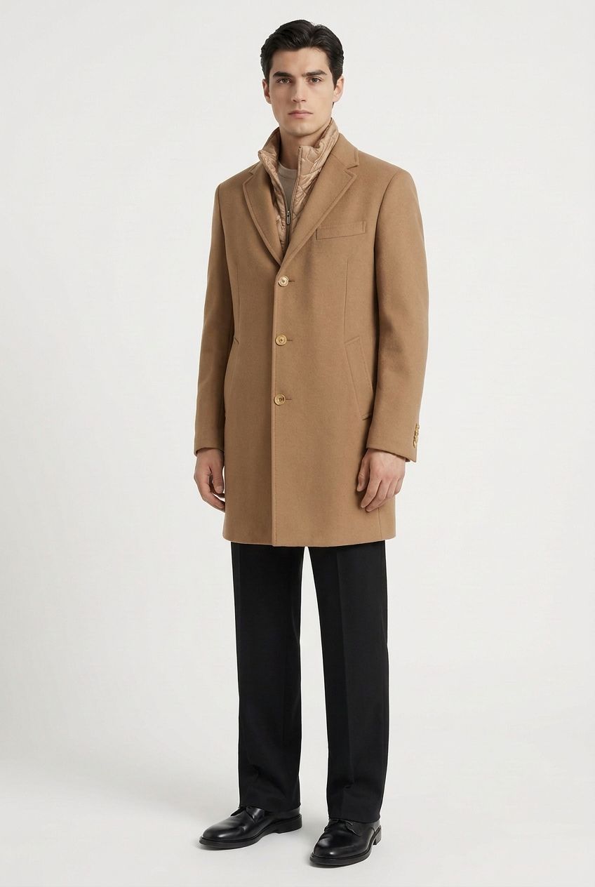 Manteau homme camel mi-long fermé, boutons ton sur ton, doudoune camel assortie – Mackten