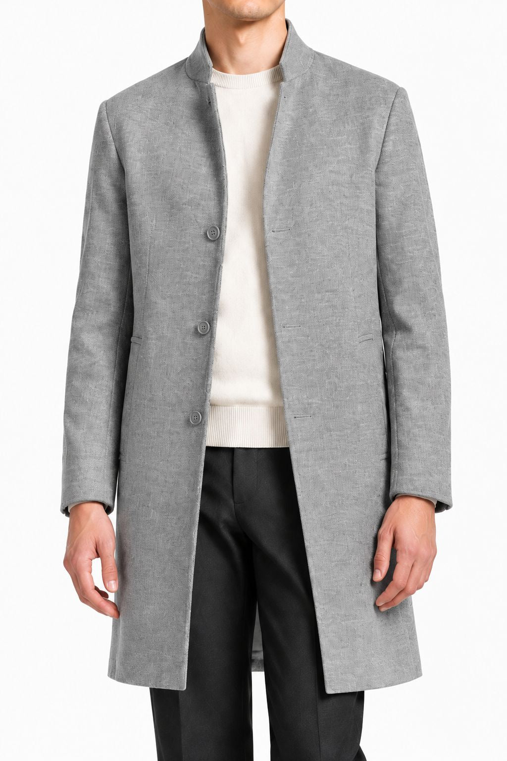 Manteau homme gris chiné petit col, détail du col et des 3 boutons