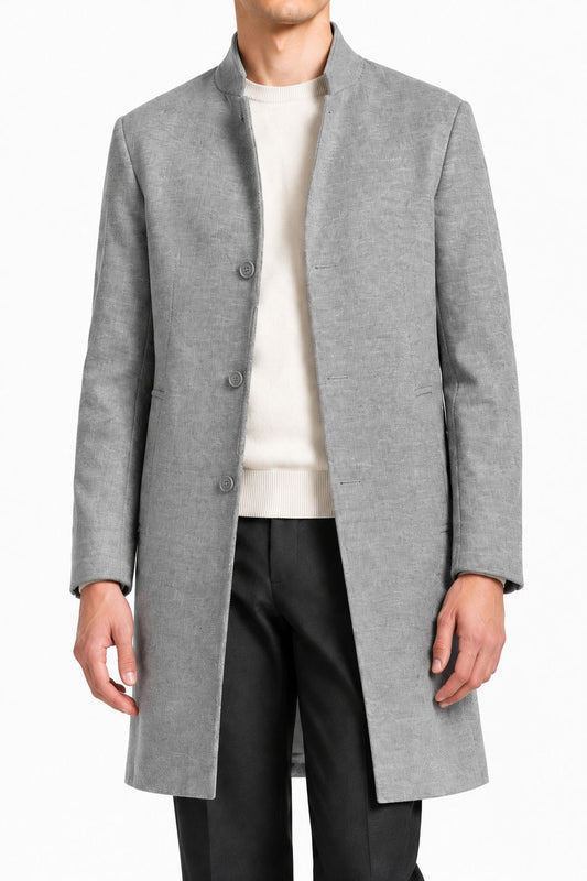 Manteau homme gris chiné petit col, détail du col et des 3 boutons