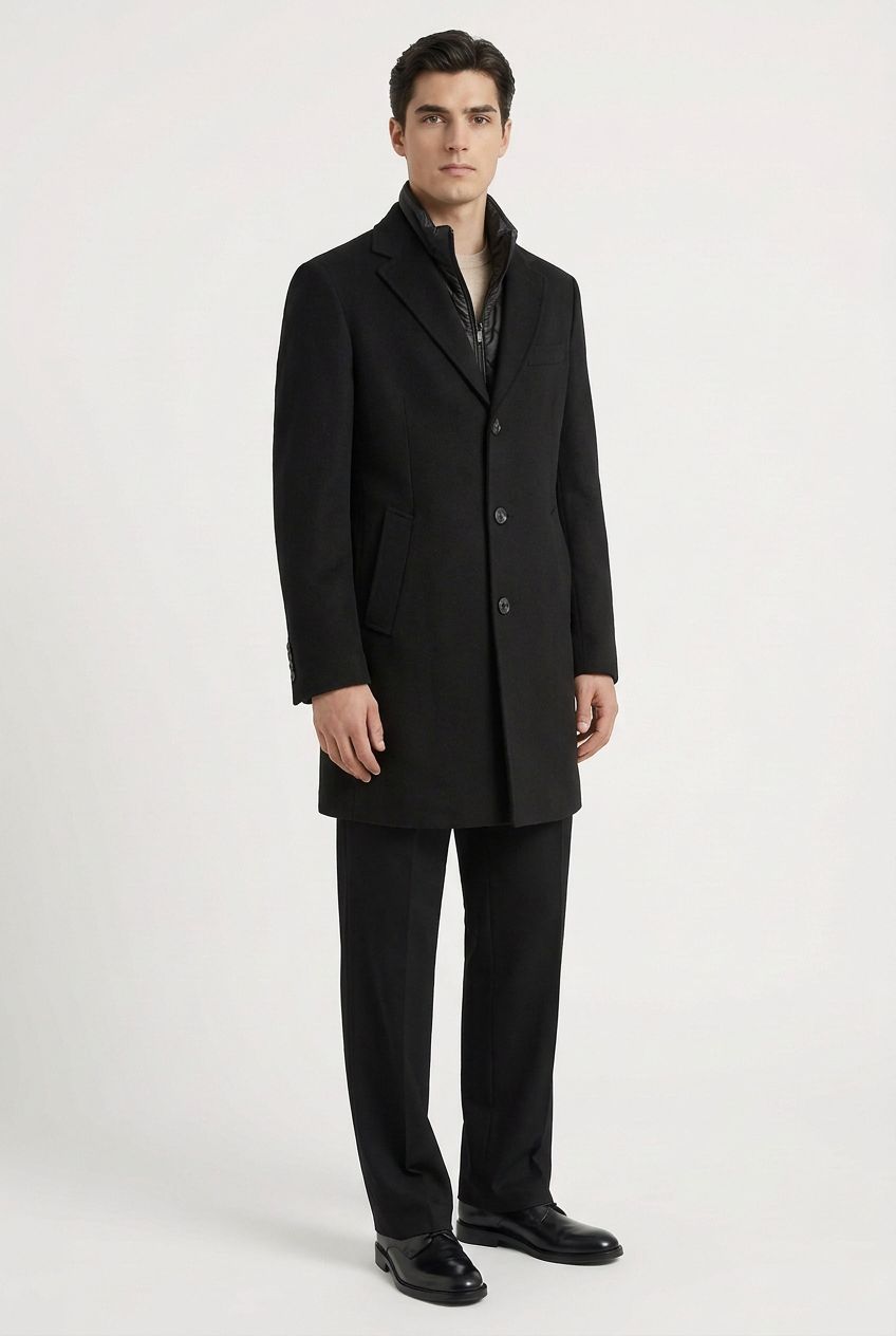 Manteau homme noir mi-long fermé 3 boutons, doudoune intérieure noire à col montant – Mackten