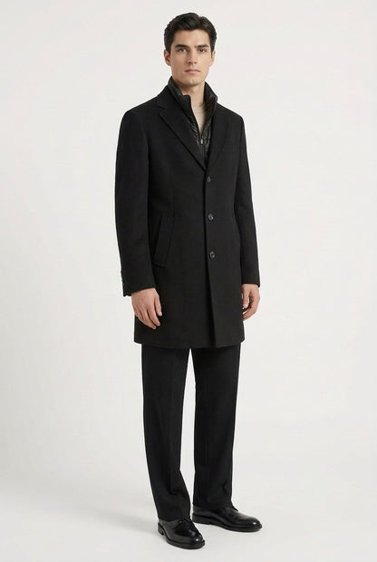 Manteau homme noir mi-long fermé 3 boutons, doudoune intérieure noire à col montant – Mackten
