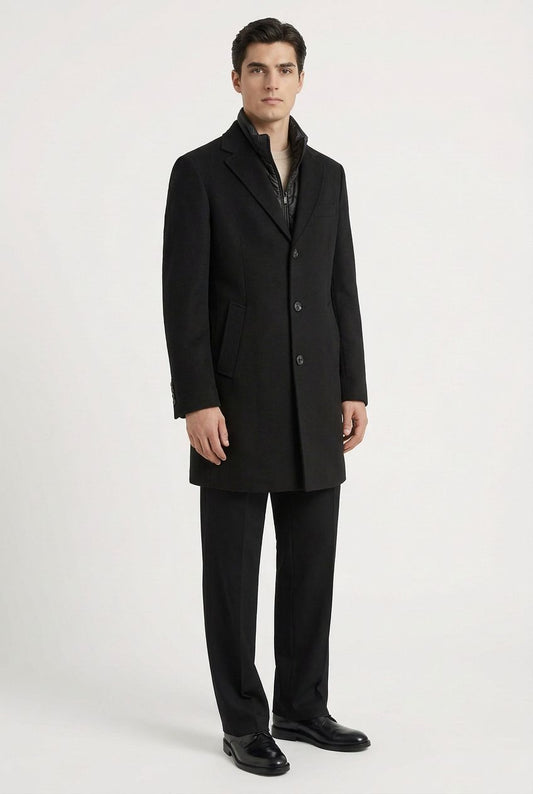 Manteau homme noir mi-long fermé 3 boutons, doudoune intérieure noire à col montant – Mackten
