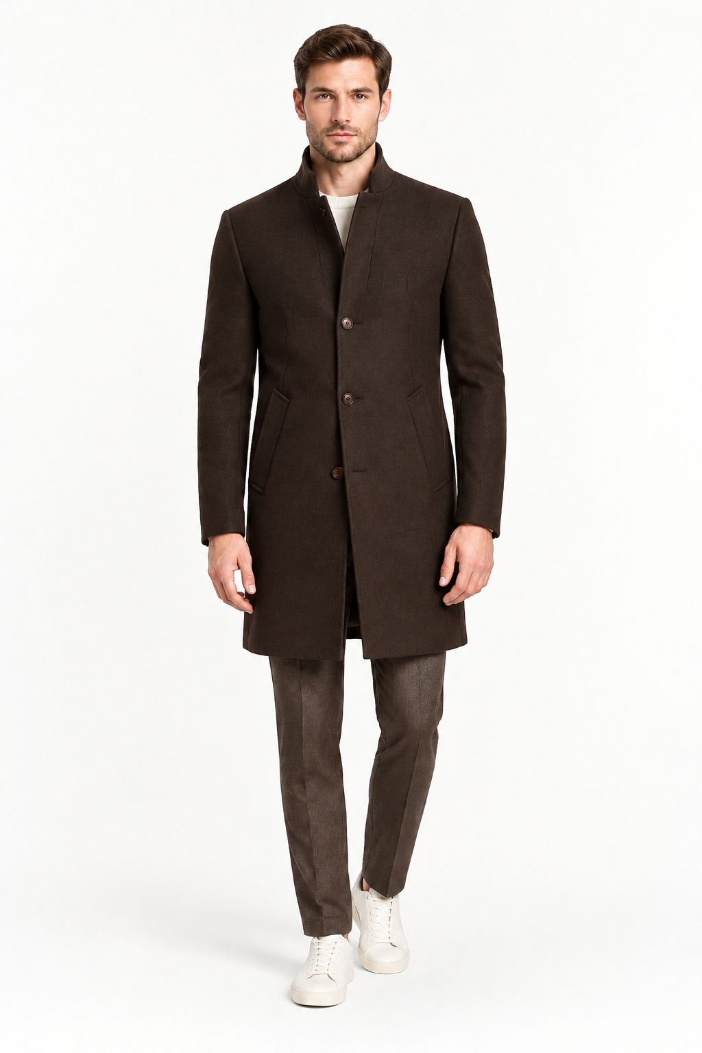 manteau homme marron chocolat mi-long col relevé Mackten