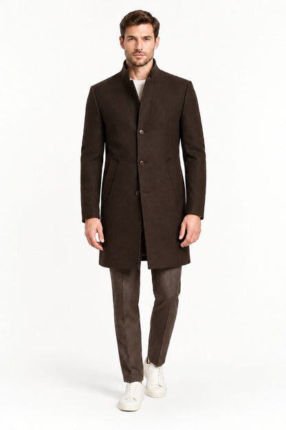 manteau homme marron chocolat mi-long col relevé Mackten