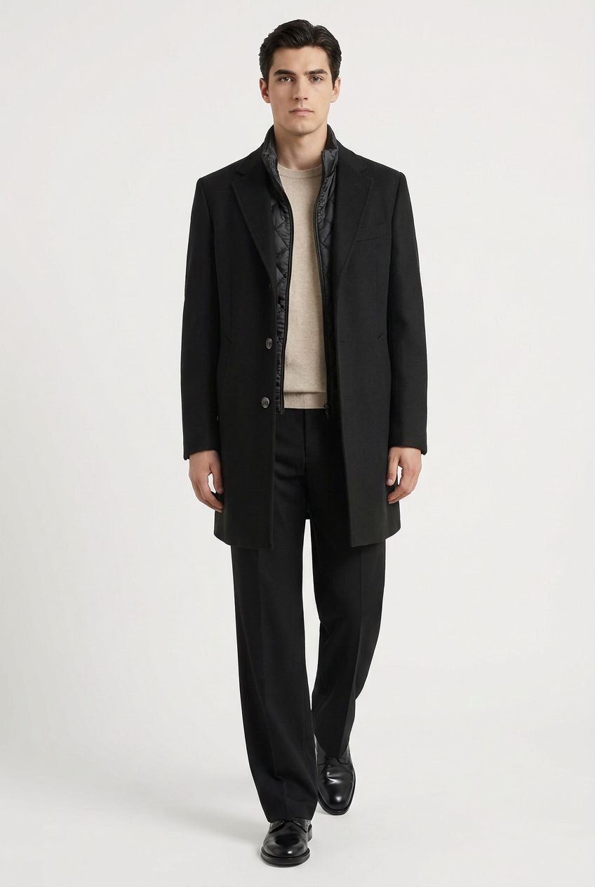 Manteau homme noir ouvert sur doudoune matelassée amovible et pull beige