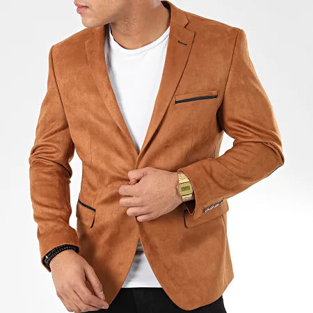Blazer homme en Suédine Camel avec coudière Marine